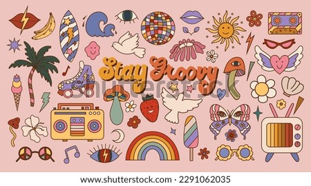 Set of retro groovy hippie 70s elements. Psychedelic cartoon stickers 80s vintage trippie mushroom, flowers, rainbow, audio cassette, tape recorder, TV, disco ball. Vector illustration of sticker pack