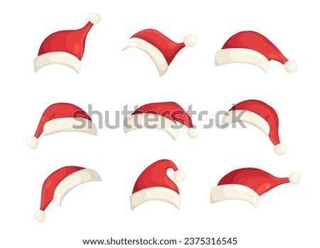 Set of Christmas Santa Claus red hats with fur isolated on white background. Christmas red cap holiday vector illustration in flat cartoon style