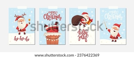 Set of Christmas new year winter holiday greeting cards with cute funny xmas Santa Clauses and lettering. Christmas poster vector illustration in flat cartoon style