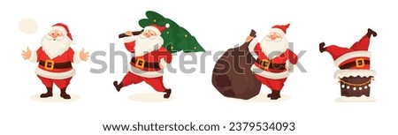 Set of cute funny Santa Claus characters with gift bag and Christmas tree in different poses, emotions, holiday situations. Christmas holiday vector illustration in flat cartoon style