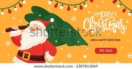 Merry Christmas and happy New Year Santa Claus character with Christmas tree Xmas holiday banner background. Greeting card, web poster template.  Christmas vector illustration in flat cartoon style