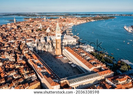Aerial panoramic view of iconic and unique Campanile in Saint Mark's square or Piazza San Marco, Venice, Italy Foto stock © 