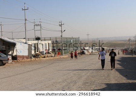 RWANGA REFUGEE CAMP, ZAKHO, KURDISTAN, IRAQ - 2015 JULY 13 - Main street in Rwanga (rwanga refugee) camp depict the drama occurring in the region