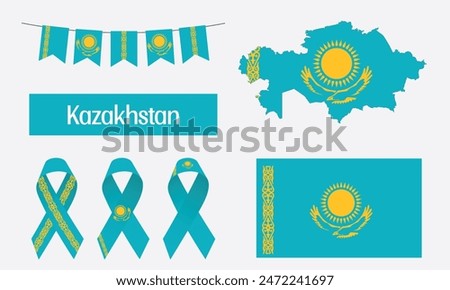 An illustration featuring the flag of Kazakhstan, the country's map, and national symbols, including ornaments and ribbons, reflecting the cultural heritage and patriotism of Kazakhstan