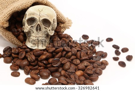 Skull on sack of coffee bean roasted on white background