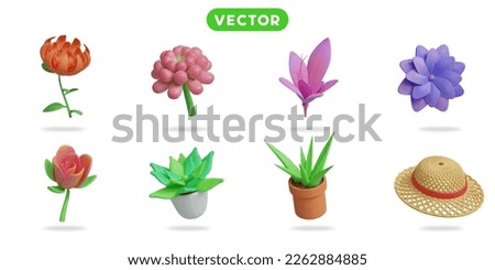 3d rendering. Flowers in spring and summer icons set on a white background Cremon flower,  waterlily,  lily, lotus flower,  tulip, aloe vera, straw hat.