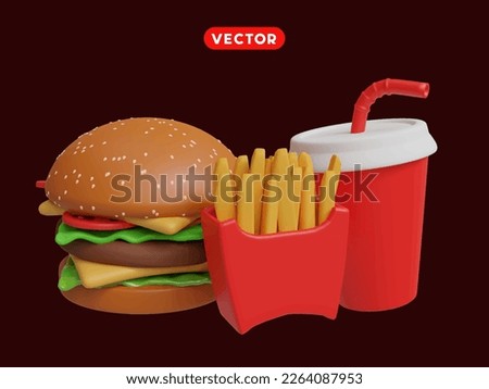 3d rendering. fast food icon set. hamburgers, french fries, and a cup