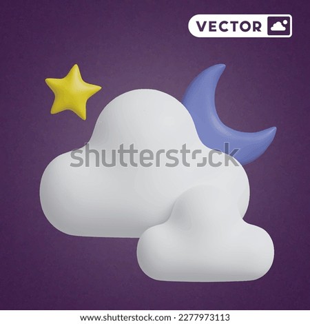 cloud moon star 3D vector icon set, on a purple background