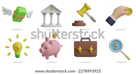 banking 3D vector icon set.
winged banknotes,bank,judge hammer,hand with coin,money light bulb,piggy bank,briefcase,magnifying glass