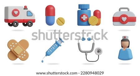 Medical 3D vector icon set.
ambulance,pills,pharmacy drug,medical equipment box,plaster,syringe,stethoscope,nurse