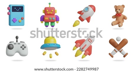 kids toys 3D vector icon set.
portable console,robot toy,rocket,teddy bear,joystick,ufo toy,spaceship,baseball bat