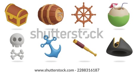 pirate 3D vector icon set.
treasure chest,wooden barrel,boat steering wheel,coconut,skull,anchor,telescope spyglass,pirate hat