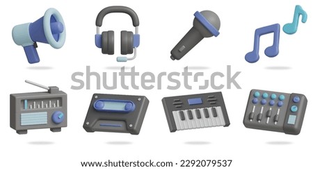 music 3D vector icon set.
speaker,earphones,microphone,music note,radio,cassette,electric piano,music mixer