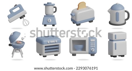kitchen 3D vector icon set.
electric egg beater,juice blender,toaster,kettle,grill,oven,microwave,fridge