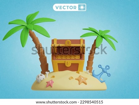 treasure island 3D vector icon set, on a blue background