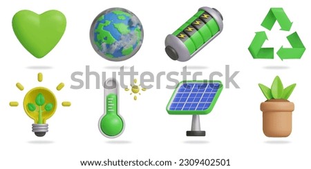 The environment 3D vector icon set.
green heart,globe,battery,recycle symbol,tree in the light bulb,thermometer,solar cell,tree pot