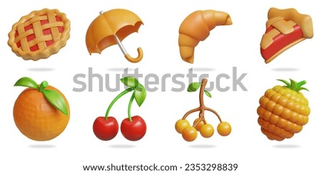 autumn 3D vector icon set.
pie,umbrella,croissant,pie slice,orange,cherry,rowan,raspberry