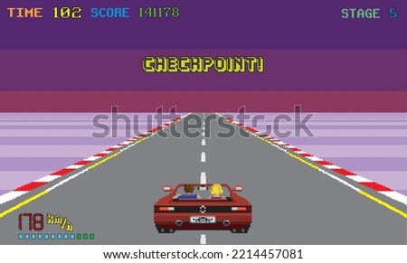 Arcade pixelated race red car vector illustration. race track with sunset background