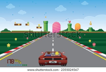 Pixelated retro arcade racing red car formula. pixel mario background