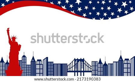 statue of liberty, new york city building and american flag elements, with copy space, great for united states national event, july 4th independence day, poster, website,printing and more
