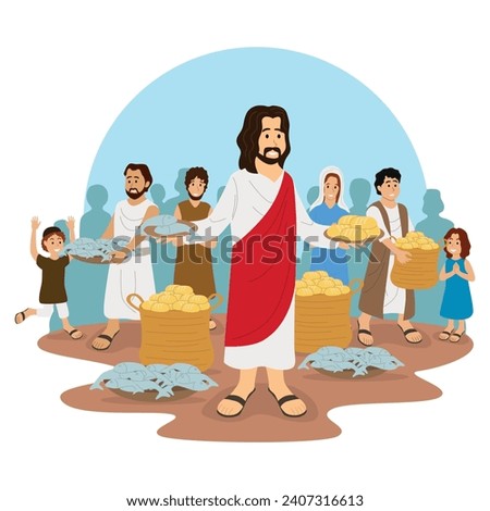 Jesus fed 5000 people by performing a miracle of multiplying 5 loaves of bread and 2 fish into a very large number