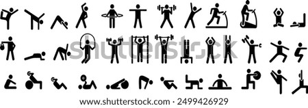 Exercise and fitness icons. Gym and Workout Set. Person Yoga exercises poses. Lunges, Pushups, Squats, Dumbbell rows, Burpees, Side planks, Situps, Glute bridge, Leg Raise, Side Crunch, skipping