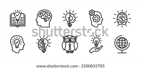 Knowledge thin line icon set. Containing book, mind, thinking, cognition, brain, light bulb, education, globe, owl, creativity, idea, imagination, intelligence, clever, genius. Vector illustration