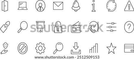 Set of Interface Related Vector Line Icons. Contains such Icons as User, Search, Info, Star, Bell, Door, Settings, Lock, Alert, Gear and more. Editable Stroke. 32x32 Pixels