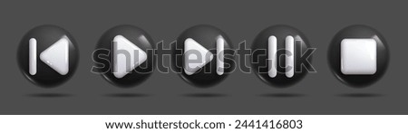 A set of five dark 3D multimedia control buttons (play, pause, stop, rewind, fast-forward) with a black base and metallic accents on a transparent background. 3d Set of Vector Icon.