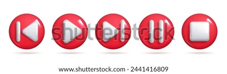 A set of five multimedia control buttons (play, pause, stop, rewind, fast-forward) in a modern 3D style with a transparent background. The icons are red with white accents. 3d Set of Vector Icons.