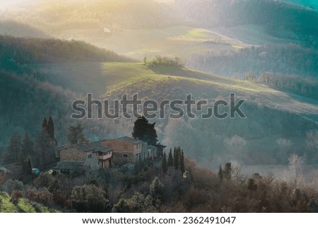 Image, Stock Photo Tuscan hill with sunflowers in blossom and typical farmhouse