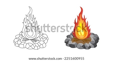 Campfire, burning fire, bonfire with firewood and stones. Coloring page for children. Contour icon. Kids coloring book for elementary school. Black and white illustration.
