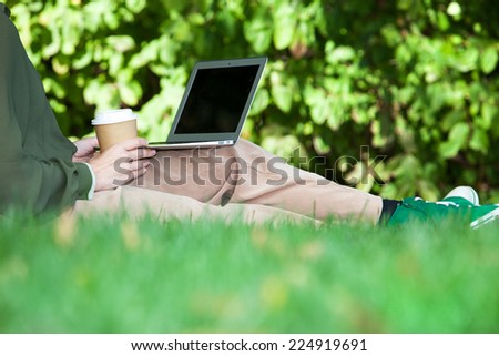 woman working in the park. Self employment