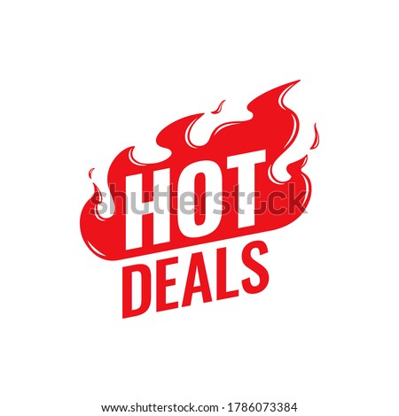 Hot Deals vector icon. Flat promotion fire banner, price tag, hot deal, sale, offer, price. Isolated on a white background