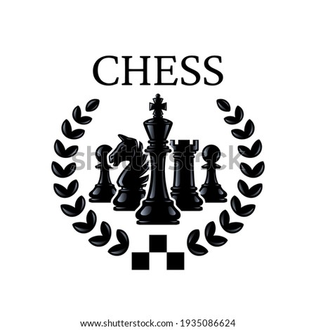 Chess emblem. Chess Pieces King, Knight, Rook, Pawns with a wreath. Vector illustration isolated on white.