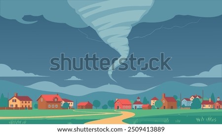 Tornado Approaching Rural Town Under Stormy Sky