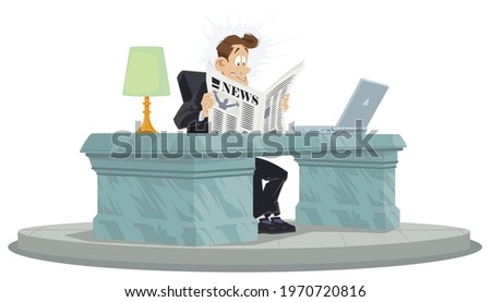 Amazed businessman reads newspapers. Successful politician at marble table. Illustration concept for mobile website and internet development.