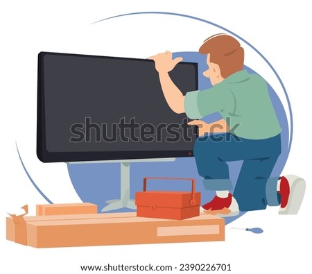 Repairman fixes TV. Concept comprehensive electrician service. Funny people. Illustration concept template for website, web landing page, banner, presentation, social, poster or print media.