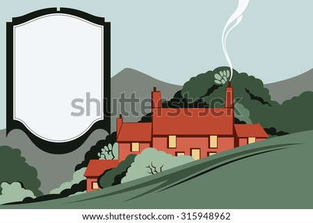 Vector illustration. Landscape. Houses in the mountains among the trees. Space for messages.