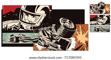 Stock illustration. People in retro style pop art and vintage advertising. Collage on theme sport and car racing.