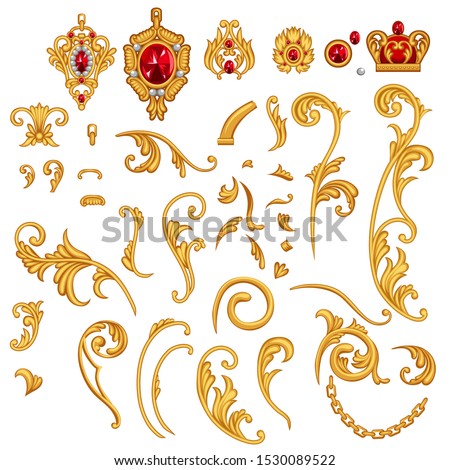 Set of golden jewelry scroll elements with ruby gem stones, crown,chain for decor frame in Rococo style