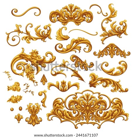 Set of golden decorative elements in Baroque style