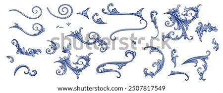 Set of blue decorative elements in Baroque style