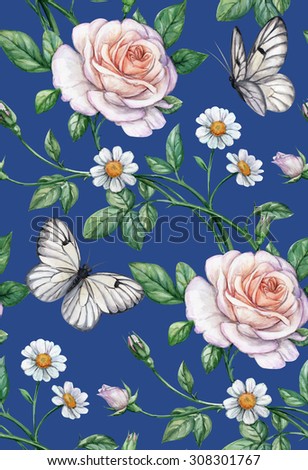 Seamless summer composition with roses and white butterflies