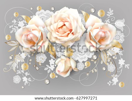 Horizontal wedding card with white roses,Dutch lace and golden leaves with 3 D effects