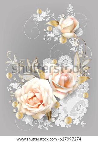 Vertical wedding card with white roses,Dutch lace and golden leaves with 3 D effect