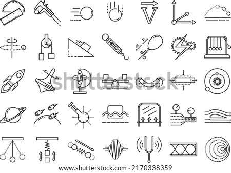 A set of Classical Mechanics Physics vector line icons. Kinematics, Dynamics, Mechanical Energy, Linear Momentum, Angular Momentum, Rigid Body, Elasticity, Gravitation, Fluid, Oscillations, Waves.