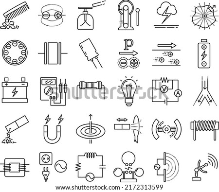 A set of physics electromagnetism vector line icons. Electrostatics, Electric field, Conductor, Electrodynamics, Electric Current, Magnetic field, Faraday's law, Inductance, Electromagnetic waves.