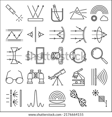 A set of physics optics vector line icons. Geometrical optics, Physical optics, Reflection, Refraction, Dispersion, Mirrors, Lenses, Optical Instruments, Interference, Diffraction, Polarization.