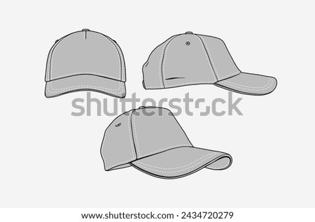 2d illustration of cap. Outline vector image set. Front,side and perspective view.